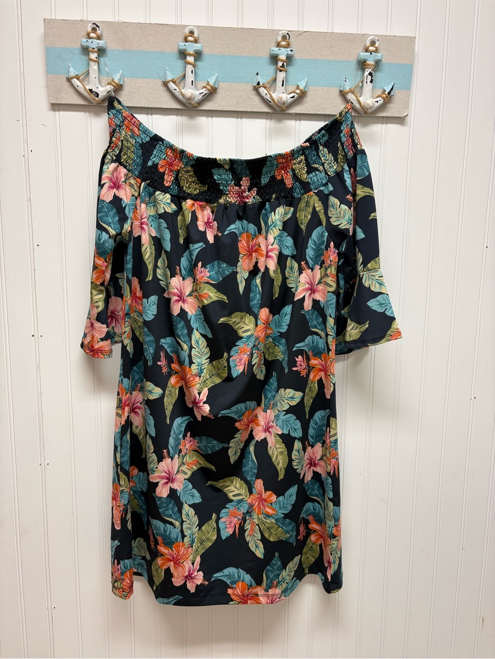 Floral Off-Shoulder Dress in Black with Pink & Teal Blooms